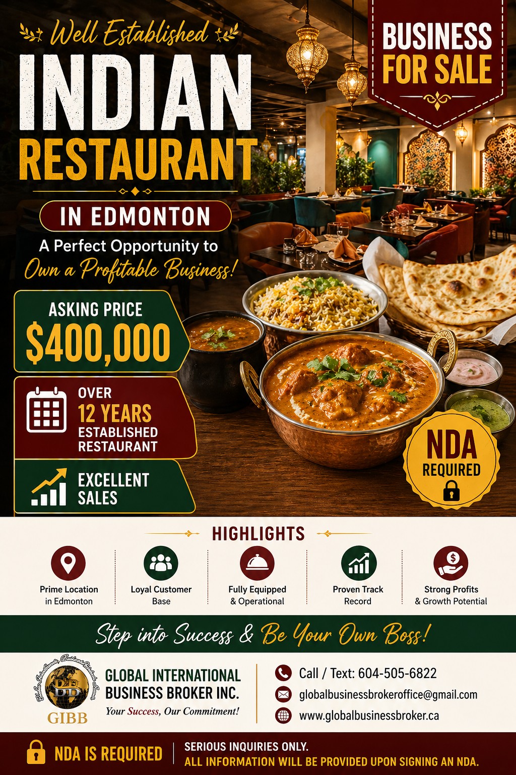 Premium Investment Opportunity Established Indian Restaurant in Edmonton